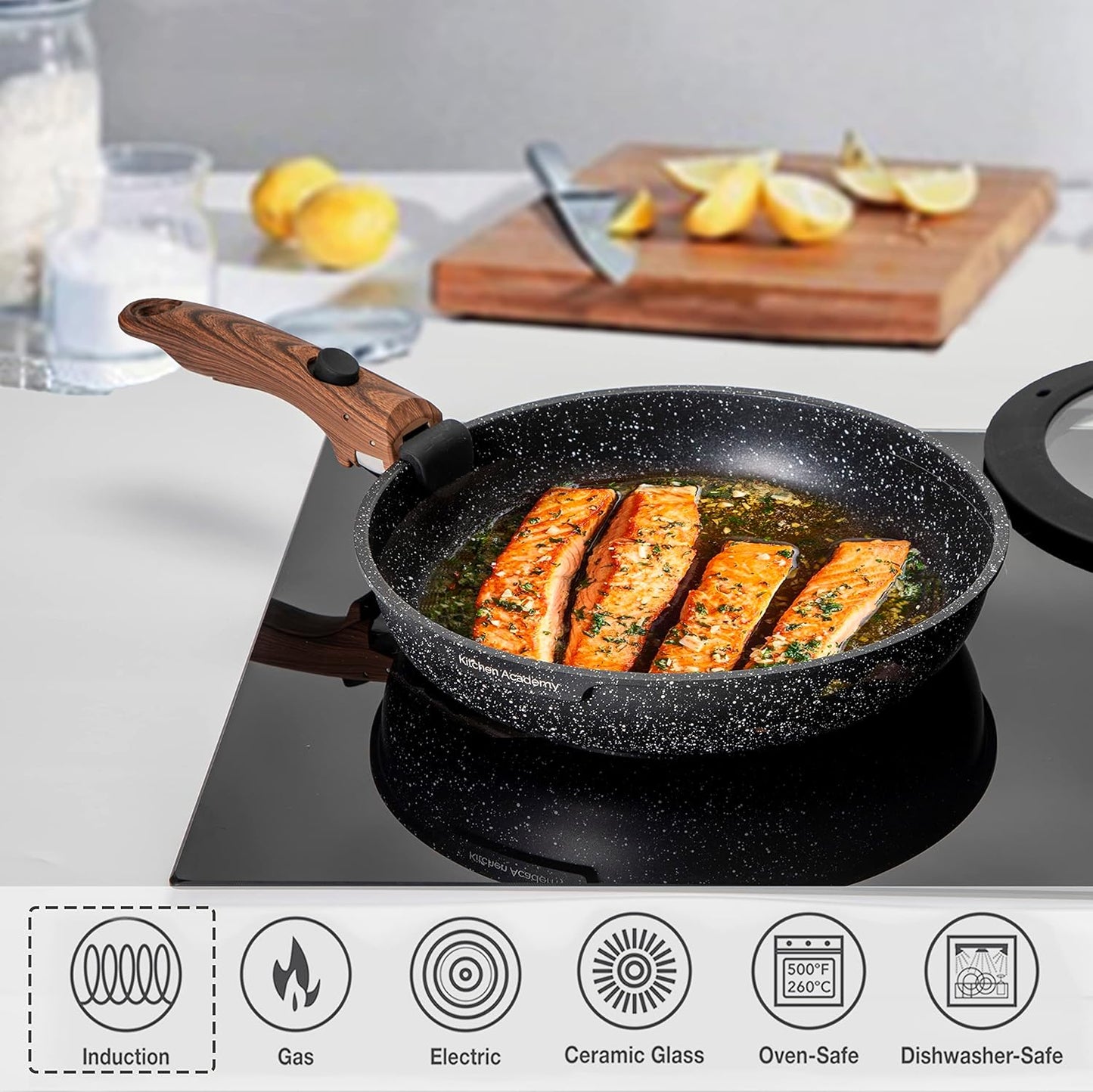 10-Piece Black Granite Non-Stick Cookware Set with Detachable Handle for Induction Hobs and Stackable RV Camping Use