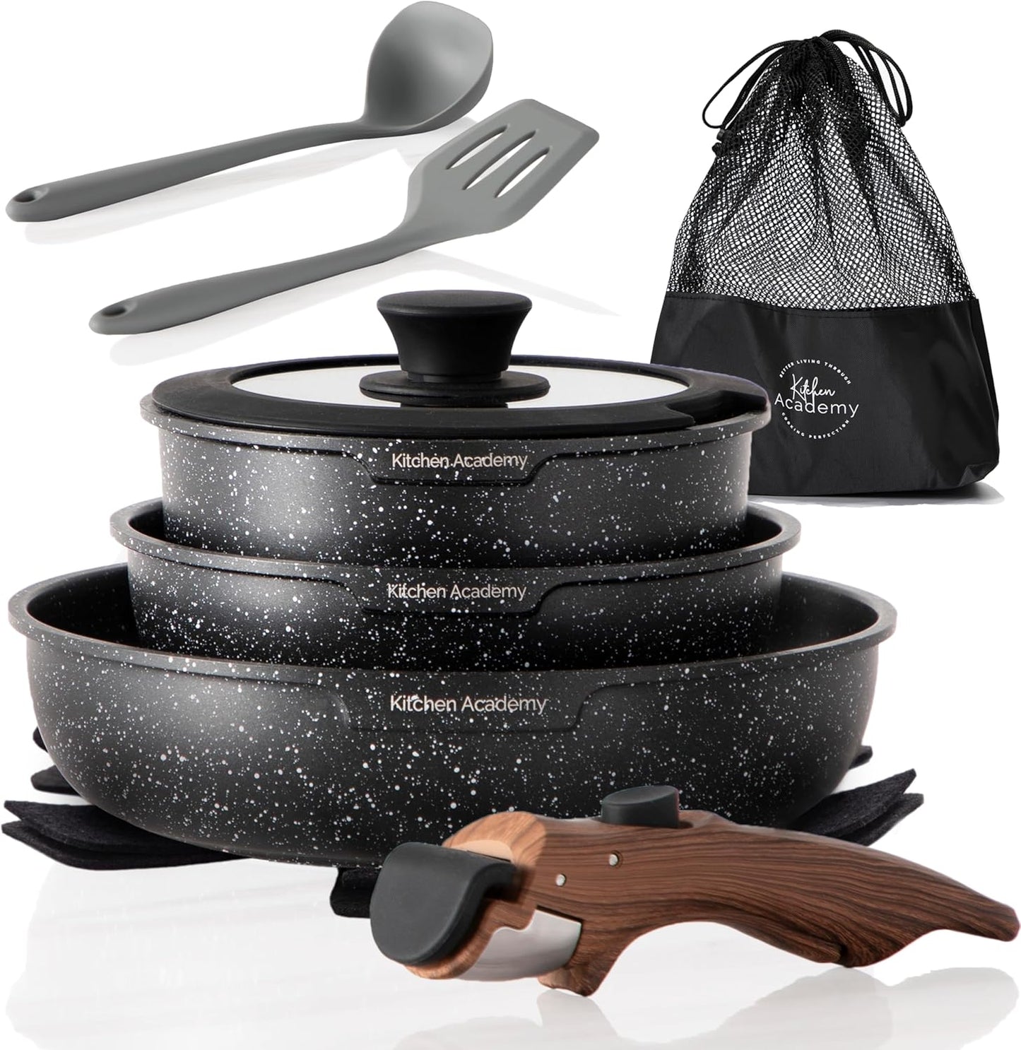 10-Piece Black Granite Non-Stick Cookware Set with Detachable Handle for Induction Hobs and Stackable RV Camping Use